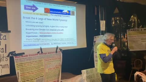 Piers Corbyn speaks at the Vauxhall Teahouse Theatre Pub