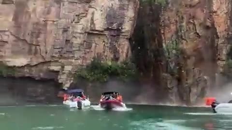 Part of canyon collapses onto boats in southern Brazil