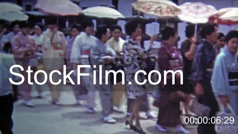 1972: Women walking to a function in traditional Japanese kimono dress. Okayama, JAPAN