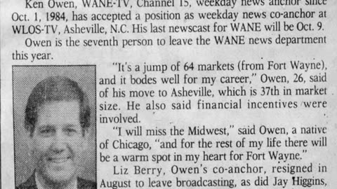 September 16, 1987 - Ken Owen's Departure from WANE in Fort Wayne Newspaper