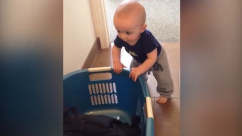 Baby doing the laundry, funny and cute