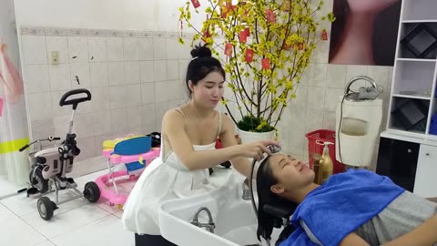 The beautiful princess shines in a white dress with amazing massage skills