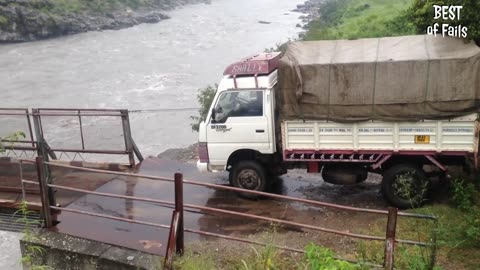 Idiot Semi Trucks Crossing Flooded Rivers and Collapse Wooden Bridges
