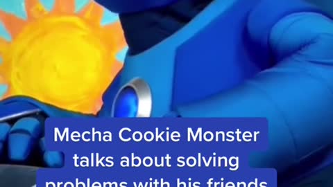 Mecha Cookie Monster talks about solving problems with his friends