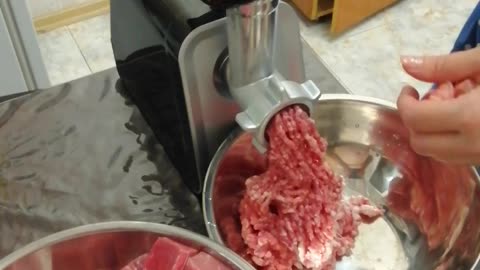 We cook meat through a meat grinder.