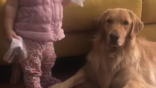 Baby and dog in a cold together