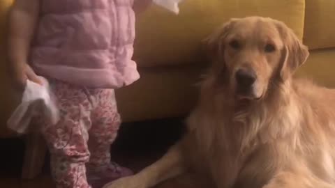 Baby and dog in a cold together