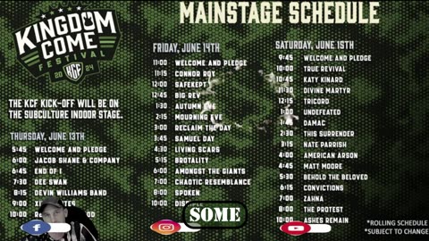 Kingdom Come Festival Line for June 13th-15th 2024. Main Stage & Second Stage. FREE Festival!