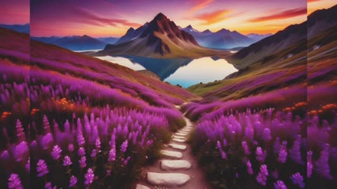 Title "Serene Pathway through Purple Flower Field with Majestic Mountain Backdrop"