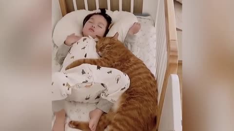 Cat cuddling and kissing the sleeping baby "cuteness overload"