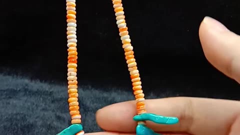 Natural turquoise free-shape pendant with orange spiny oyster roundle beads gemstone06