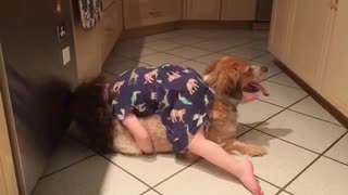 Caring Girl Comforts Fearful Dog Scared Of Thunderstorms