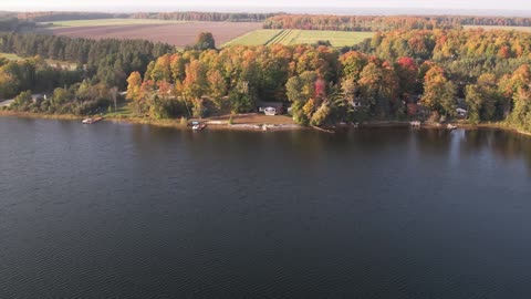 Aerial View of the Autumn Colors on East Lake. McMillan, Michigan 2023