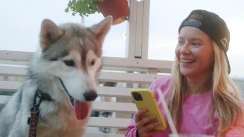 A Woman Holding Her Phone while Playing with Her Dog