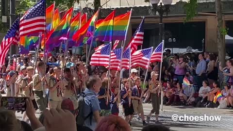 Seattle Pride Month Parade: Nude Bicyclists Followed By Boy Scouts Holding the Rainbow Flag