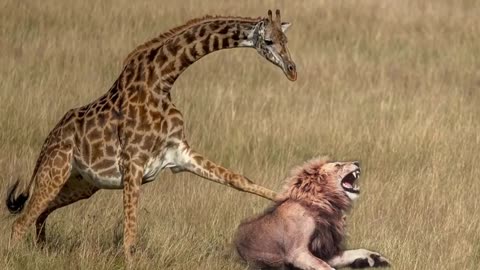 Mother Giraffe kicks Lion head very hard to save herself, harsh life of Wild Animals