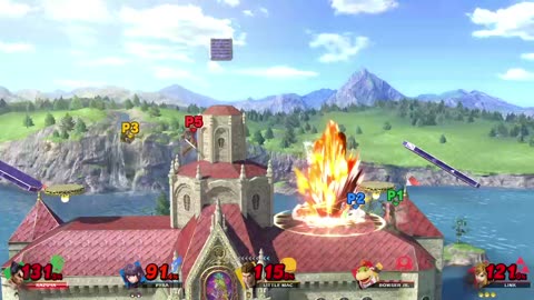 Kazuya vs Pyra/Mythra vs Little Mac vs Bowser Jr and Link on Princess Peach's Castle (Smash Bros)