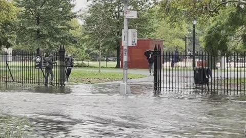 Road floods in Brooklyn, New York after heavy rains