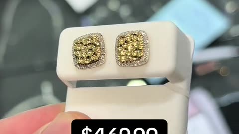 Real Diamond & Solid Gold Nugget Square Earrings