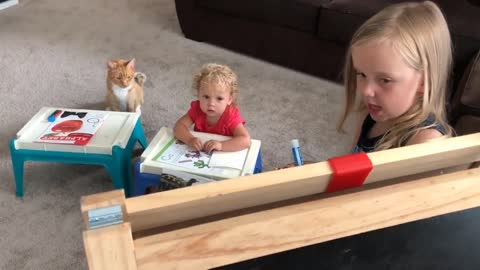 Young girl teaching her cute cat and her sister