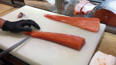 Salmon Cutting Skills ( How to Cut a Salmon for Sashimi )