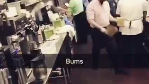 Man walks into kitchen calls people bums