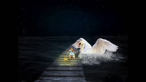 Little girl playing with Violin at night on the Sea/big duck.