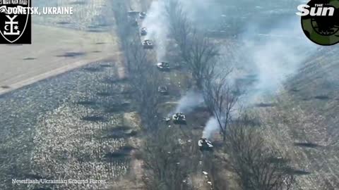 Entire column of Russian tanks destroyed by Ukrainian forces in Donetsk