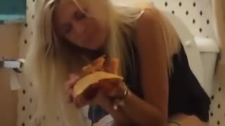 Blonde girl toilet pizza