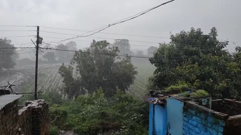 Live View of Heavy Rain and Natural Beauty of Village/Town