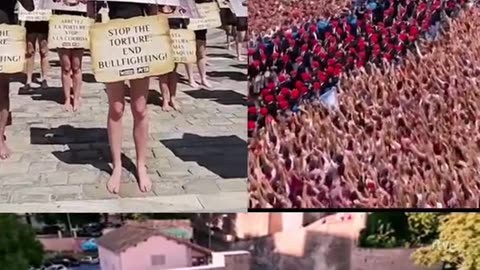The San Fermin Festival And A Protest Bullfighting In Pamplona, Spain