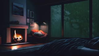 Cozy Cabin fireplace with soothing rainfall sounds