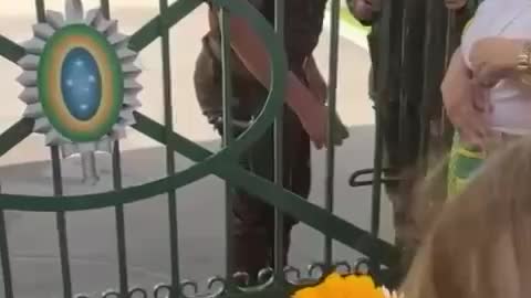 Young Brazilian girl hands flowers and flag to the military.