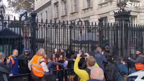 Police battle to stop eco-warriors from jumping barriers into Downing Street