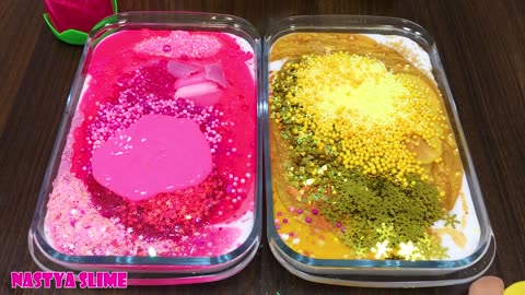 Pink vs Gold ! Mixing Random things into GLOSSY slime ! Satisfying slime video