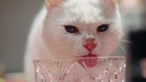 A cat licking the crystal glass,,,