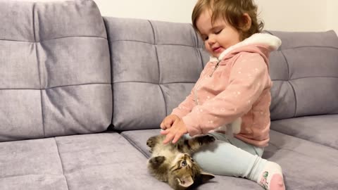 Cute Baby Meets New Baby Kitten for the First Time!