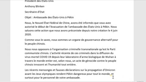 une lettre de remerciement du Nouvel Etat Fédéral de Chine à Biden