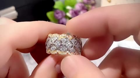 Huitan Luxury Two Tone Cubic Zirconia Rings for Women Hollow Out Wide Rings