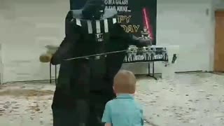 Light saber training with sith Lord vader at a birthday party in Houston while standing on lava