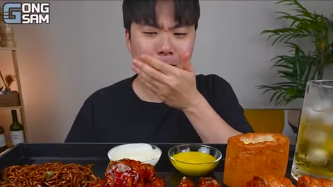 ASMR MUKBANG | Fried Chicken, Cheese spam, black bean noodles, kimchi Korean Food recipe! eating