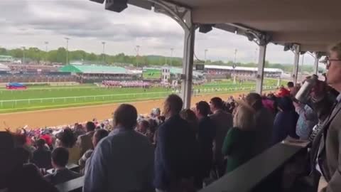 Crowd cheers for Trump at the Kentucky Derby yesterday.