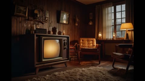 Retro 1970s Living Room + Flickering candles & TV Glow + 1 Hour Rain and Rolling Thunder
