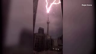 A bolt of lightning strikes Toronto's CN tower