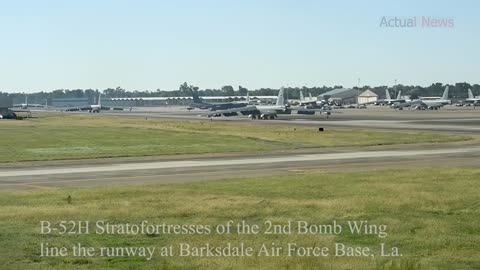 B-52H Stratofortresses of the 2nd Bomb Wing line the runway at Barksdale Air Force Base, La.