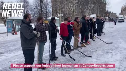 Truckers For Freedom In Ottawa Sing National Anthem Before Playing Hockey