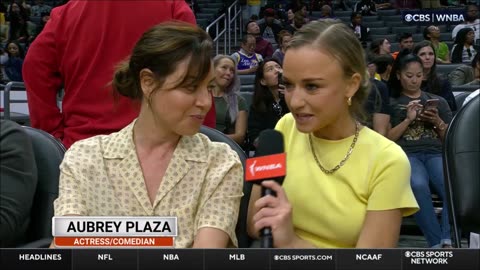 Actress Aubrey Plaza Interview Sitting Courtside at L.A. Sparks vs Minnesota Lynx WNBA Game
