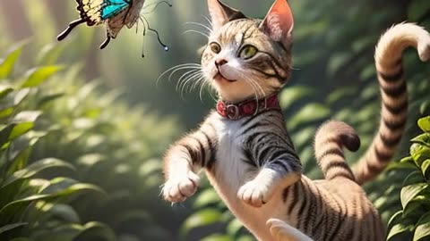 Adorable Cat Playing with a Colorful Butterfly