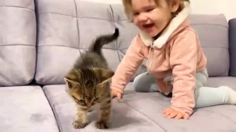 Cute Baby Meets New Baby kitten for the First Time!