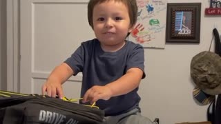 our 2 year old grandson says no to love you daddy